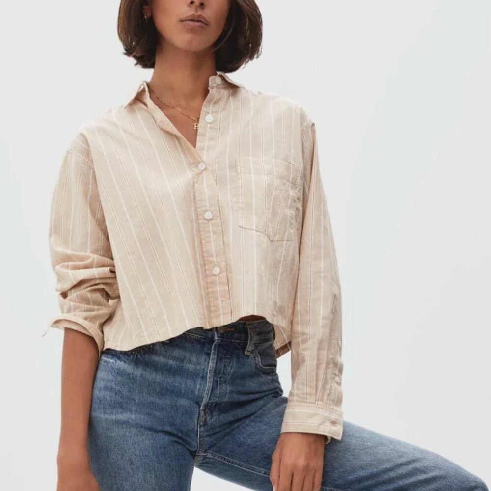 Everlane The Way-Short Shirt in Silky Cotton Women’s Size Large • Tan Stripe